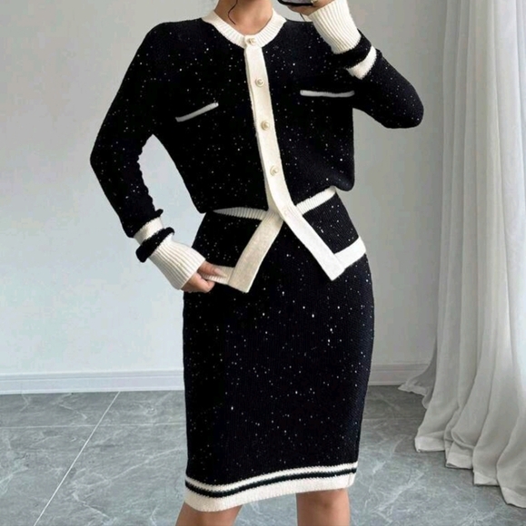 Women's Elegant Contrast Color Trim Asymmetric Hem Long Sleeve Blouse And Skirt - Picture 1 of 5